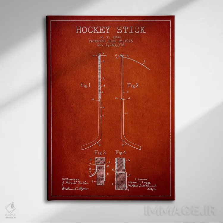 تابلو نقشهٔ ثبت اختراع چوب هاکی (طرح قرمز) اثر پیکسل کهنه (استودیو/نام هنری) - نمای روبهرو روی دیوار