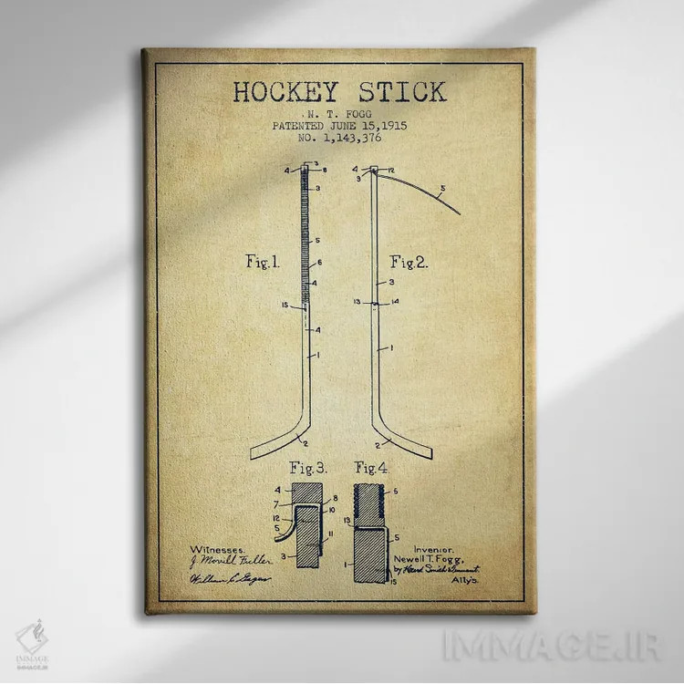 تابلو نقشهٔ ثبت اختراع چوب هاکی (طرح وینتیج) اثر پیکسل کهنه (استودیو/نام هنری) - نمای روبهرو روی دیوار