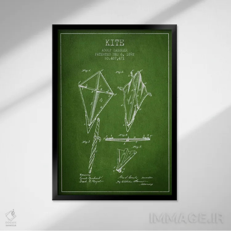 تابلو نقشهٔ ثبت اختراع بادبادک (طرح سبز) اثر پیکسل کهنه (استودیو/نام هنری) - نمای قابدار مشکی