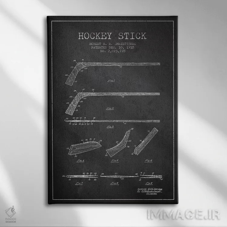 تابلو نقشهٔ ثبت اختراع چوب هاکی (طرح زغالی) اثر پیکسل کهنه (استودیو/نام هنری) - نمای روبهرو روی دیوار