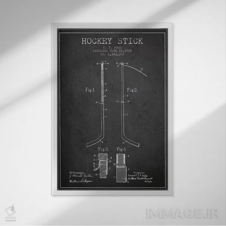 تابلو نقشهٔ ثبت اختراع چوب هاکی (طرح زغالی) اثر پیکسل کهنه (استودیو/نام هنری) - نمای قابدار سفید