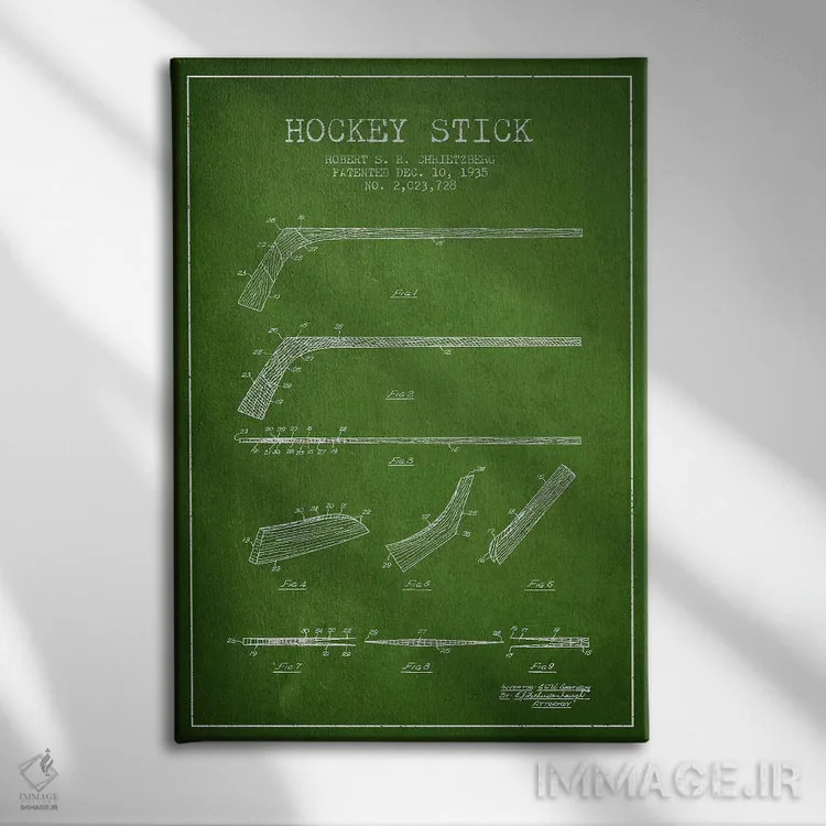 تابلو نقشهٔ ثبت اختراع چوب هاکی (طرح سبز) اثر پیکسل کهنه (استودیو/نام هنری) - نمای روبهرو روی دیوار
