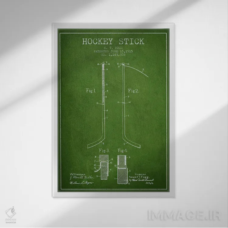تابلو نقشهٔ ثبت اختراع چوب هاکی (طرح سبز) اثر پیکسل کهنه (استودیو/نام هنری) - نمای قابدار سفید
