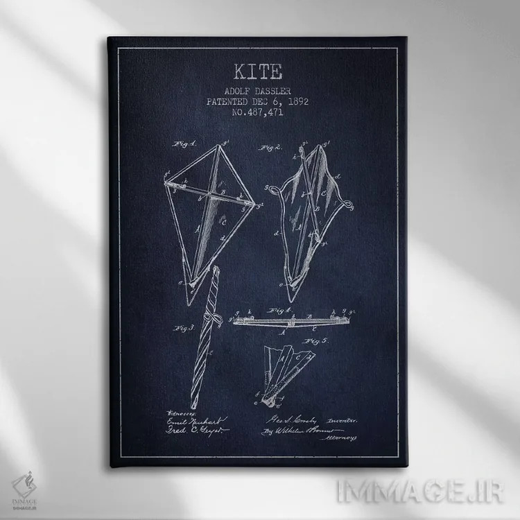 تابلو نقشهٔ ثبت اختراع بادبادک (طرح سرمهای) اثر پیکسل کهنه (استودیو/نام هنری) - نمای روبهرو روی دیوار