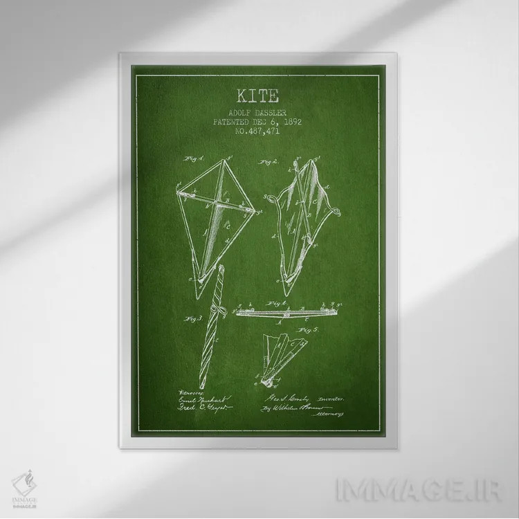 تابلو نقشهٔ ثبت اختراع بادبادک (طرح سبز) اثر پیکسل کهنه (استودیو/نام هنری) - نمای قابدار سفید