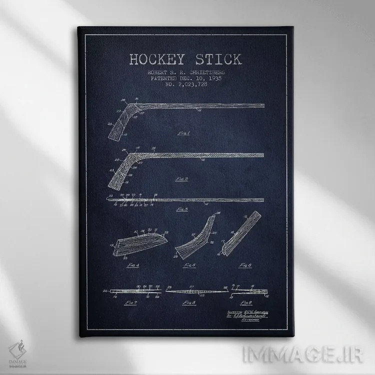 تابلو نقشهٔ ثبت اختراع چوب هاکی (طرح سرمهای) اثر پیکسل کهنه (استودیو/نام هنری) - نمای روبهرو روی دیوار