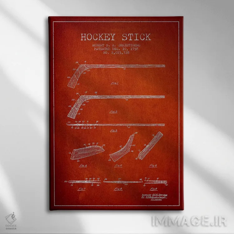 تابلو نقشهٔ ثبت اختراع چوب هاکی (طرح قرمز) اثر پیکسل کهنه (استودیو/نام هنری) - نمای روبهرو روی دیوار