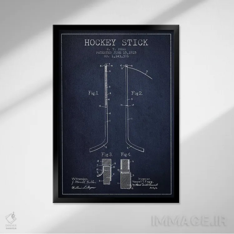 تابلو نقشهٔ ثبت اختراع چوب هاکی (طرح سرمهای) اثر پیکسل کهنه (استودیو/نام هنری) - نمای قابدار مشکی