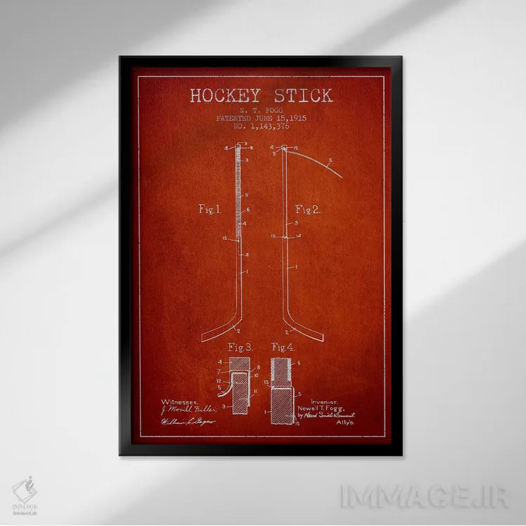 تابلو نقشهٔ ثبت اختراع چوب هاکی (طرح قرمز) اثر پیکسل کهنه (استودیو/نام هنری) - نمای قابدار مشکی