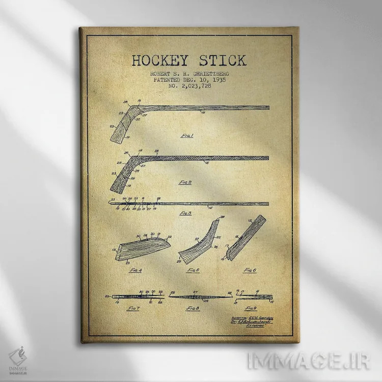 تابلو نقشهٔ ثبت اختراع چوب هاکی (طرح وینتیج) اثر پیکسل کهنه (استودیو/نام هنری) - نمای روبهرو روی دیوار