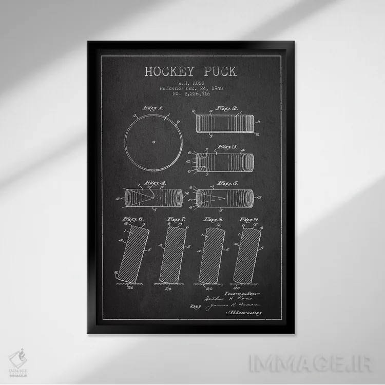 تابلو نقشهٔ ثبت اختراع پک هاکی (طرح زغالی) اثر پیکسل کهنه (استودیو/نام هنری) - نمای قابدار مشکی