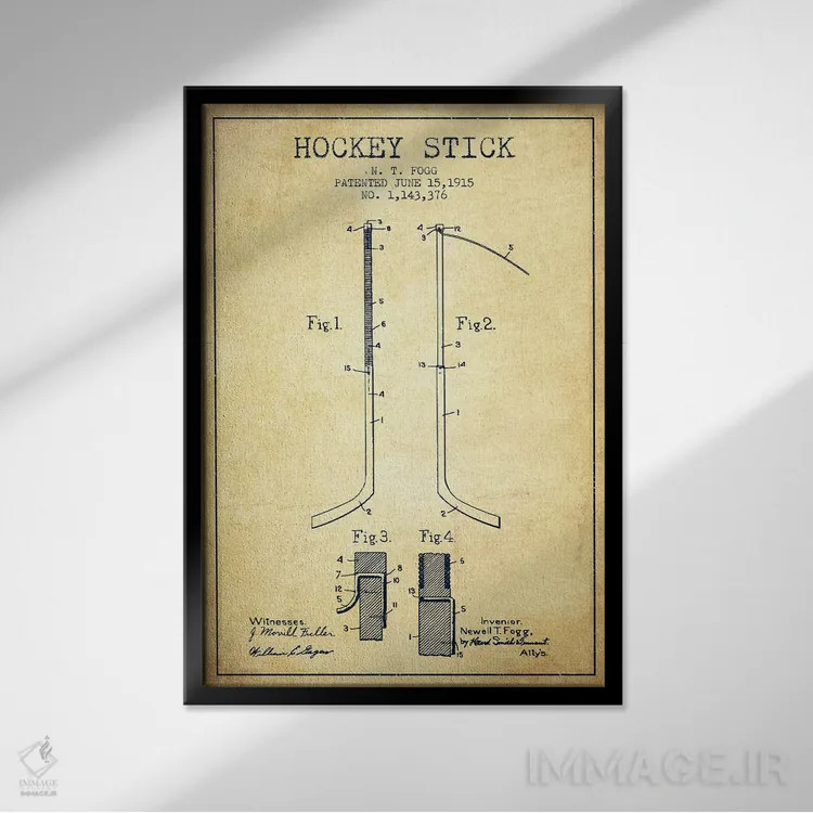 تابلو نقشهٔ ثبت اختراع چوب هاکی (طرح وینتیج) اثر پیکسل کهنه (استودیو/نام هنری) - نمای قابدار مشکی