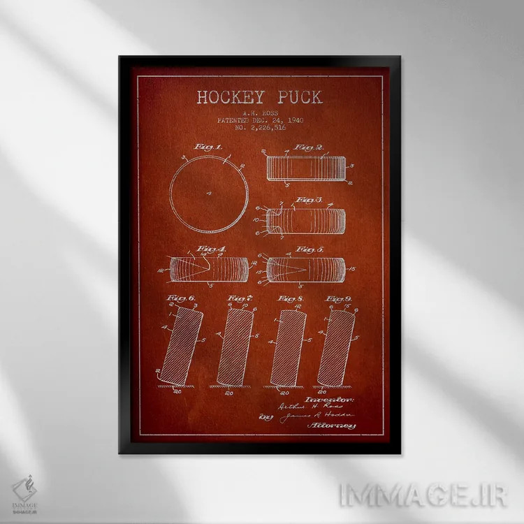 تابلو نقشهٔ ثبت اختراع پک هاکی (طرح قرمز) اثر پیکسل کهنه (استودیو/نام هنری) - نمای قابدار مشکی