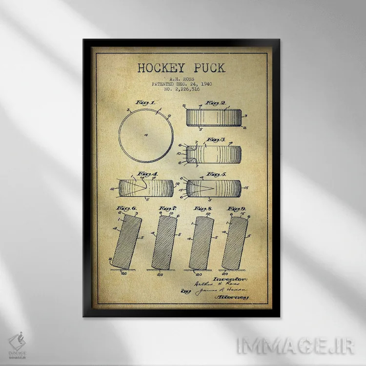 تابلو نقشهٔ ثبت اختراع پک هاکی (طرح وینتیج) اثر پیکسل کهنه (استودیو/نام هنری) - نمای قابدار مشکی