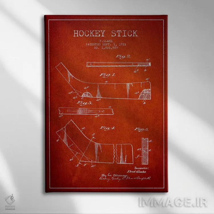 تابلو نقشهٔ ثبت اختراع چوب هاکی (طرح قرمز) اثر پیکسل کهنه (استودیو/نام هنری) - نمای روبهرو روی دیوار