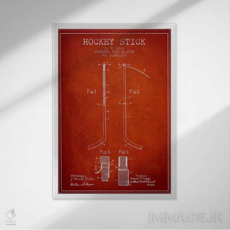 تابلو نقشهٔ ثبت اختراع چوب هاکی (طرح قرمز) اثر پیکسل کهنه (استودیو/نام هنری) - نمای قابدار سفید