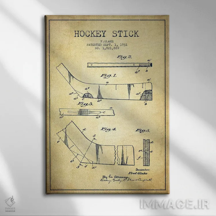 تابلو نقشهٔ ثبت اختراع چوب هاکی (طرح وینتیج) اثر پیکسل کهنه (استودیو/نام هنری) - نمای روبهرو روی دیوار