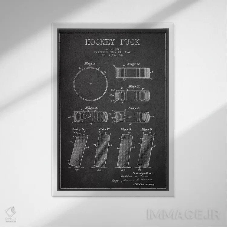 تابلو نقشهٔ ثبت اختراع پک هاکی (طرح زغالی) اثر پیکسل کهنه (استودیو/نام هنری) - نمای قابدار سفید