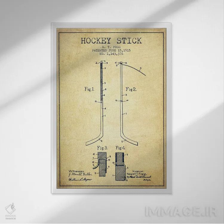 تابلو نقشهٔ ثبت اختراع چوب هاکی (طرح وینتیج) اثر پیکسل کهنه (استودیو/نام هنری) - نمای قابدار سفید