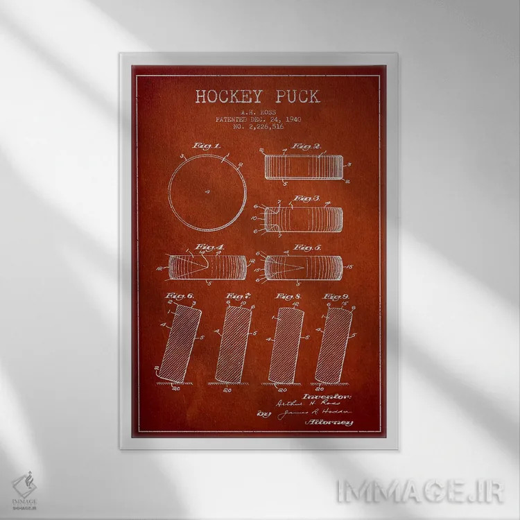 تابلو نقشهٔ ثبت اختراع پک هاکی (طرح قرمز) اثر پیکسل کهنه (استودیو/نام هنری) - نمای قابدار سفید