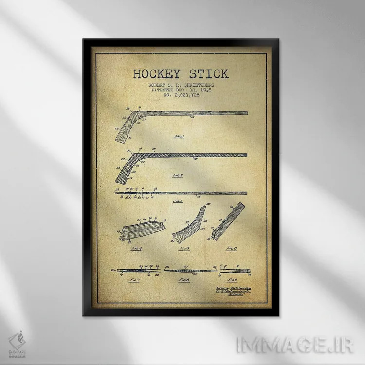 تابلو نقشهٔ ثبت اختراع چوب هاکی (طرح وینتیج) اثر پیکسل کهنه (استودیو/نام هنری) - نمای قابدار مشکی