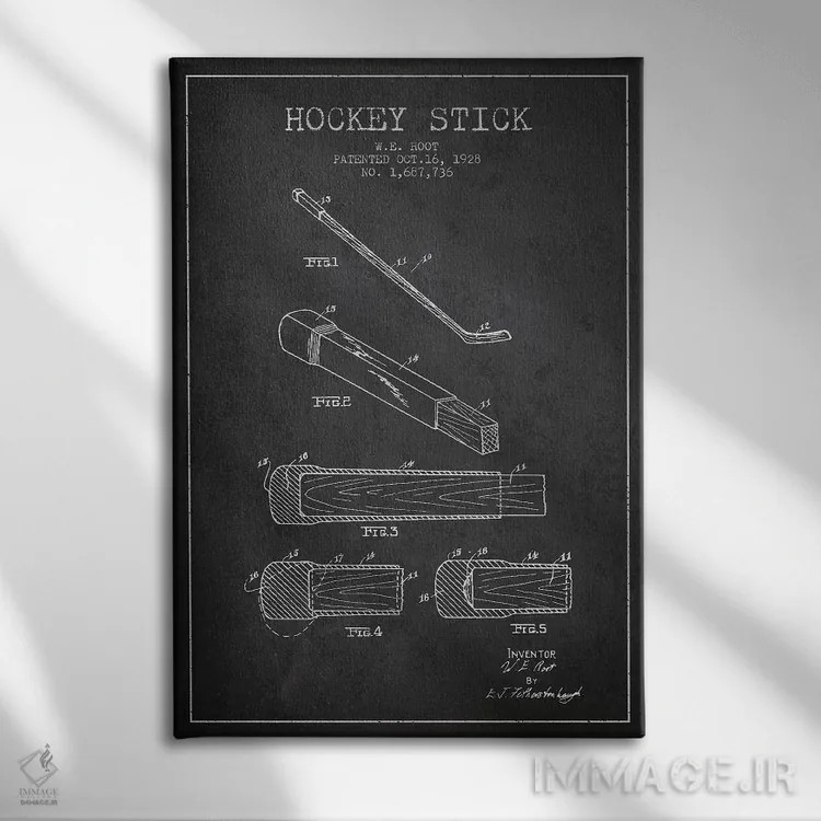 تابلو نقشهٔ ثبت اختراع چوب هاکی (طرح زغالی) اثر پیکسل کهنه (استودیو/نام هنری) - نمای روبهرو روی دیوار