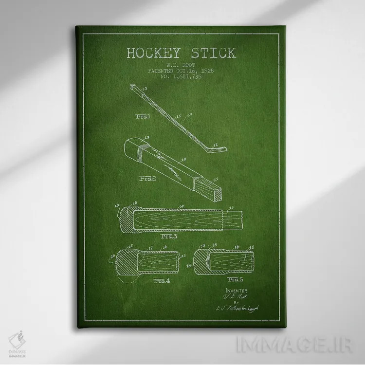 تابلو نقشهٔ ثبت اختراع چوب هاکی (طرح سبز) اثر پیکسل کهنه (استودیو/نام هنری) - نمای روبهرو روی دیوار
