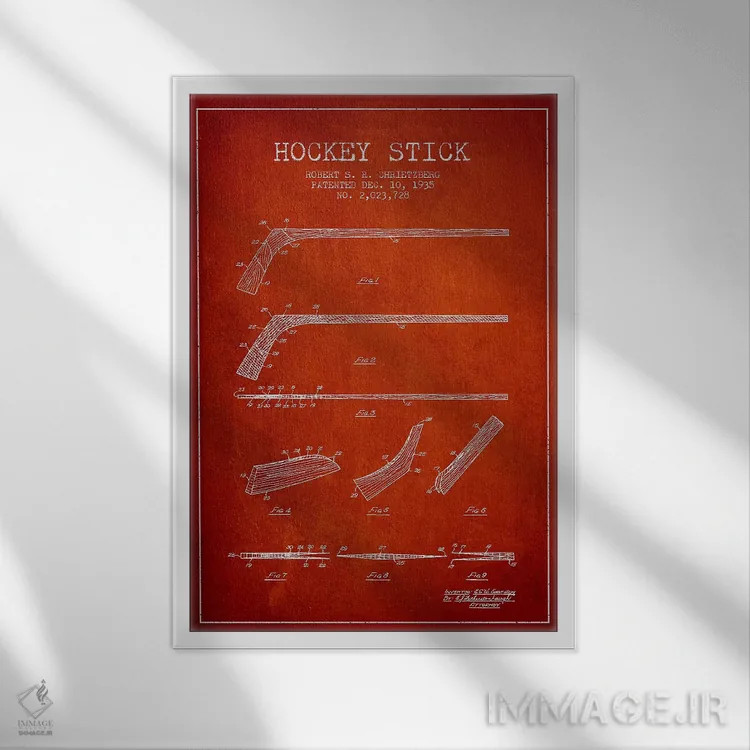 تابلو نقشهٔ ثبت اختراع چوب هاکی (طرح قرمز) اثر پیکسل کهنه (استودیو/نام هنری) - نمای قابدار سفید