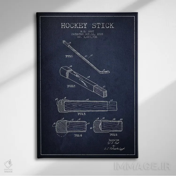 تابلو نقشهٔ ثبت اختراع چوب هاکی (طرح سرمهای) اثر پیکسل کهنه (استودیو/نام هنری) - نمای روبهرو روی دیوار