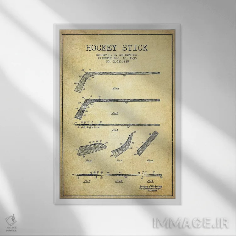 تابلو نقشهٔ ثبت اختراع چوب هاکی (طرح وینتیج) اثر پیکسل کهنه (استودیو/نام هنری) - نمای قابدار سفید