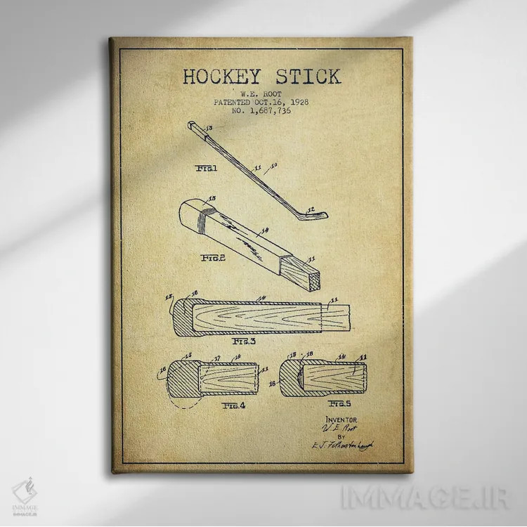 تابلو نقشهٔ ثبت اختراع چوب هاکی (طرح وینتیج) اثر پیکسل کهنه (استودیو/نام هنری) - نمای روبهرو روی دیوار