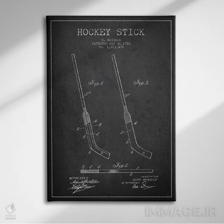 تابلو نقشهٔ ثبت اختراع چوب هاکی (طرح زغالی) اثر پیکسل کهنه (استودیو/نام هنری) - نمای روبهرو روی دیوار