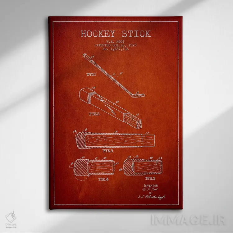 تابلو نقشهٔ ثبت اختراع چوب هاکی (طرح قرمز) اثر پیکسل کهنه (استودیو/نام هنری) - نمای روبهرو روی دیوار