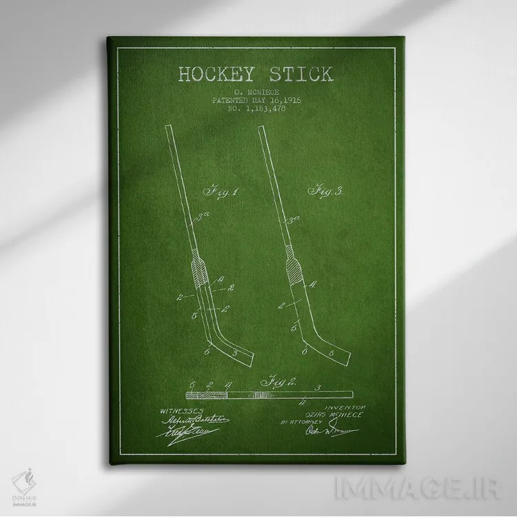 تابلو نقشهٔ ثبت اختراع چوب هاکی (طرح سبز) اثر پیکسل کهنه (استودیو/نام هنری) - نمای روبهرو روی دیوار