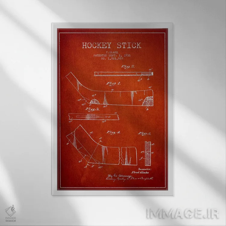 تابلو نقشهٔ ثبت اختراع چوب هاکی (طرح قرمز) اثر پیکسل کهنه (استودیو/نام هنری) - نمای قابدار سفید