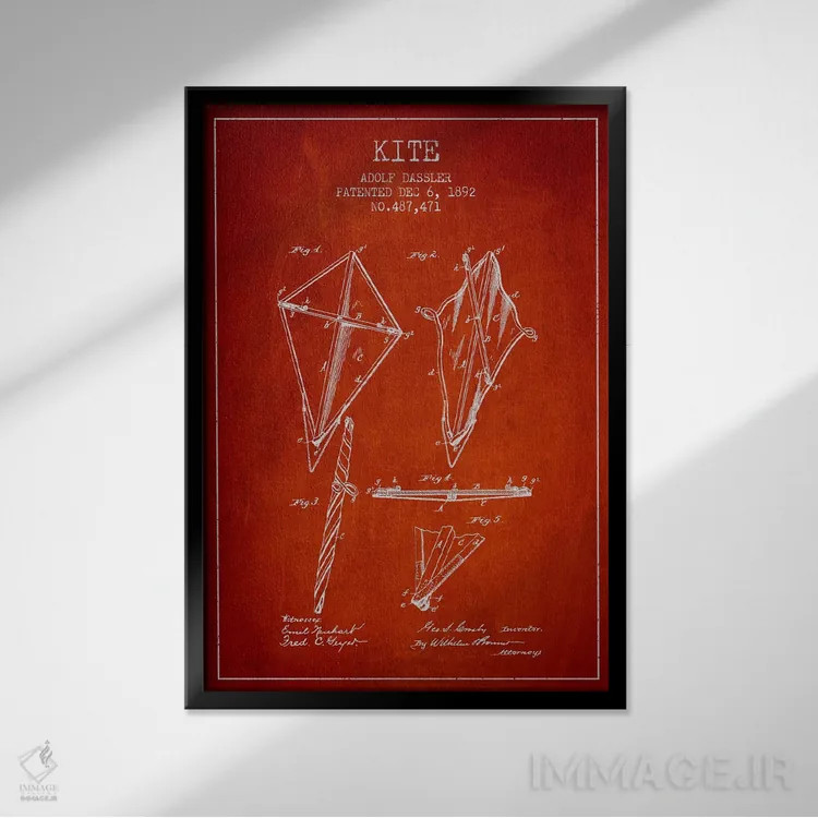 تابلو نقشهٔ ثبت اختراع بادبادک (طرح قرمز) اثر پیکسل کهنه (استودیو/نام هنری) - نمای قابدار مشکی