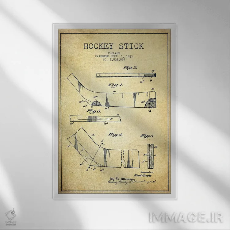 تابلو نقشهٔ ثبت اختراع چوب هاکی (طرح وینتیج) اثر پیکسل کهنه (استودیو/نام هنری) - نمای قابدار سفید