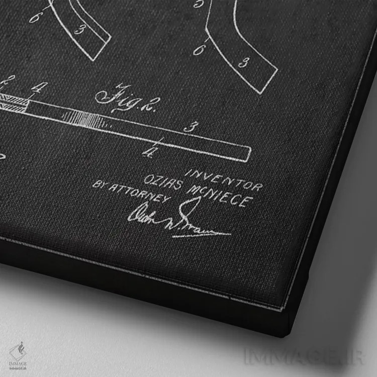 تابلو نقشهٔ ثبت اختراع چوب هاکی (طرح زغالی) اثر پیکسل کهنه (استودیو/نام هنری) - نمای نزدیک بافت بوم