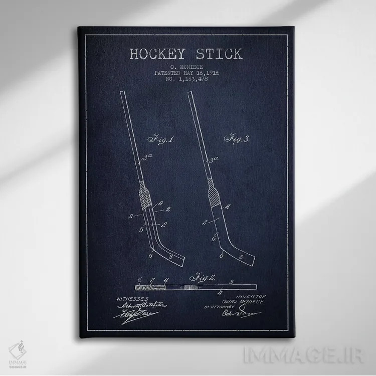 تابلو نقشهٔ ثبت اختراع چوب هاکی (طرح سرمهای) اثر پیکسل کهنه (استودیو/نام هنری) - نمای روبهرو روی دیوار