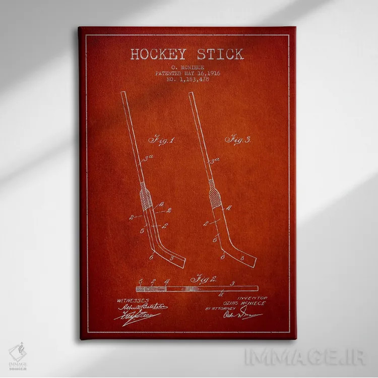 تابلو نقشهٔ ثبت اختراع چوب هاکی (طرح قرمز) اثر پیکسل کهنه (استودیو/نام هنری) - نمای روبهرو روی دیوار