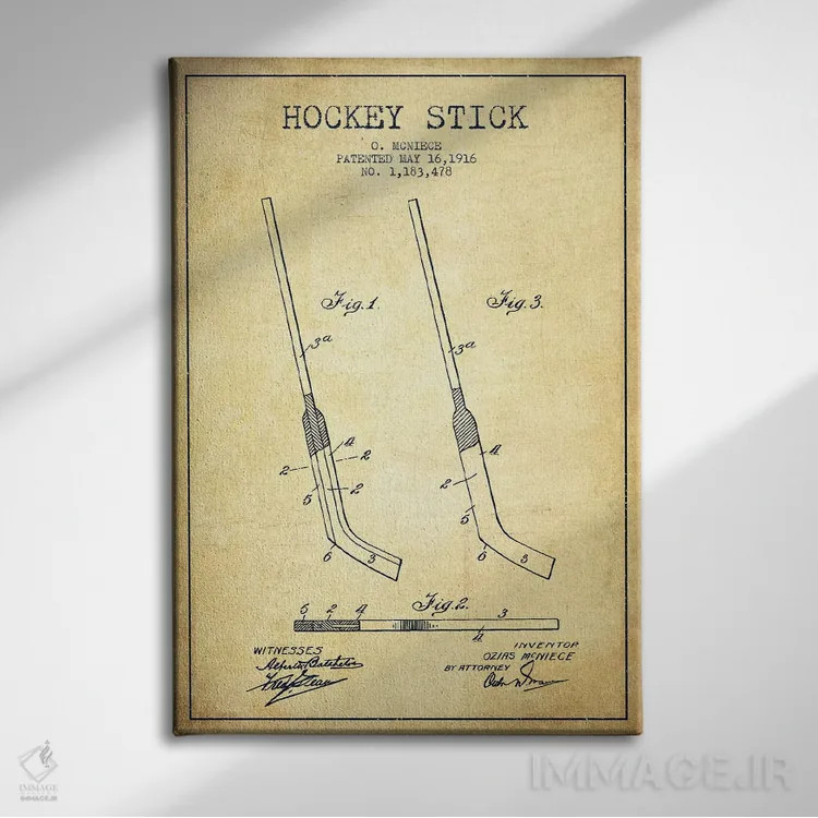 تابلو نقشهٔ ثبت اختراع چوب هاکی (طرح وینتیج) اثر پیکسل کهنه (استودیو/نام هنری) - نمای روبهرو روی دیوار