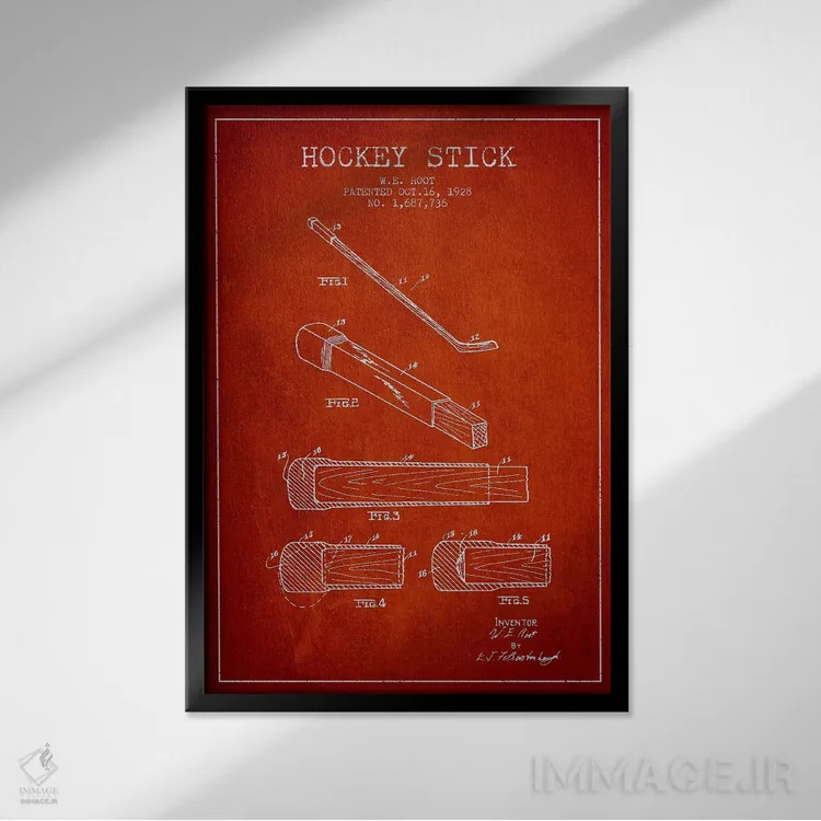 تابلو نقشهٔ ثبت اختراع چوب هاکی (طرح قرمز) اثر پیکسل کهنه (استودیو/نام هنری) - نمای قابدار مشکی