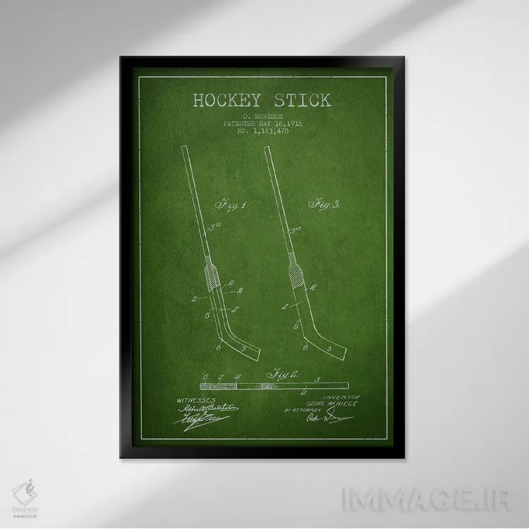 تابلو نقشهٔ ثبت اختراع چوب هاکی (طرح سبز) اثر پیکسل کهنه (استودیو/نام هنری) - نمای قابدار مشکی