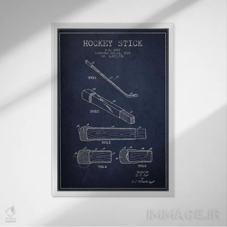 تابلو نقشهٔ ثبت اختراع چوب هاکی (طرح سرمهای) اثر پیکسل کهنه (استودیو/نام هنری) - نمای قابدار سفید