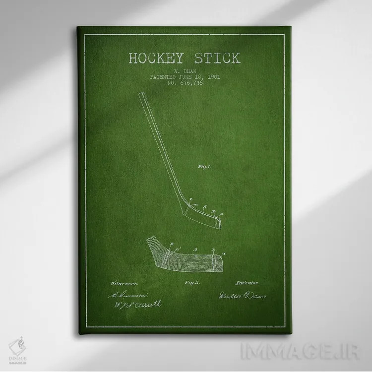 تابلو نقشهٔ ثبت اختراع چوب هاکی (طرح سبز) اثر پیکسل کهنه (استودیو/نام هنری) - نمای روبهرو روی دیوار