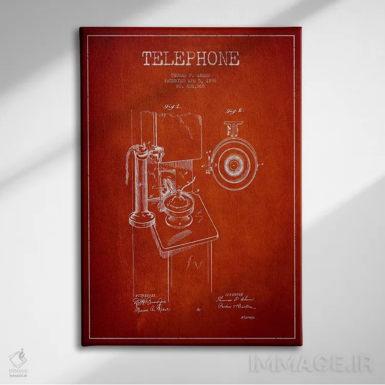 تابلو نقشهٔ ثبت اختراع تلفن Ahern (طرح قرمز) اثر پیکسل کهنه (استودیو/نام هنری) - نمای روبهرو روی دیوار
