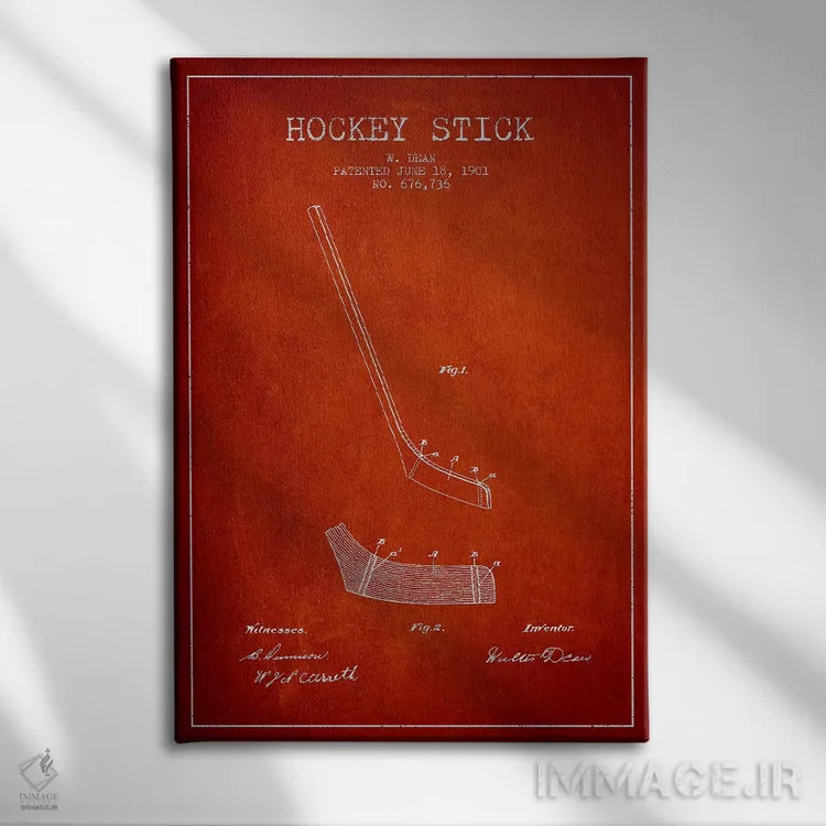 تابلو نقشهٔ ثبت اختراع چوب هاکی (طرح قرمز) اثر پیکسل کهنه (استودیو/نام هنری) - نمای روبهرو روی دیوار