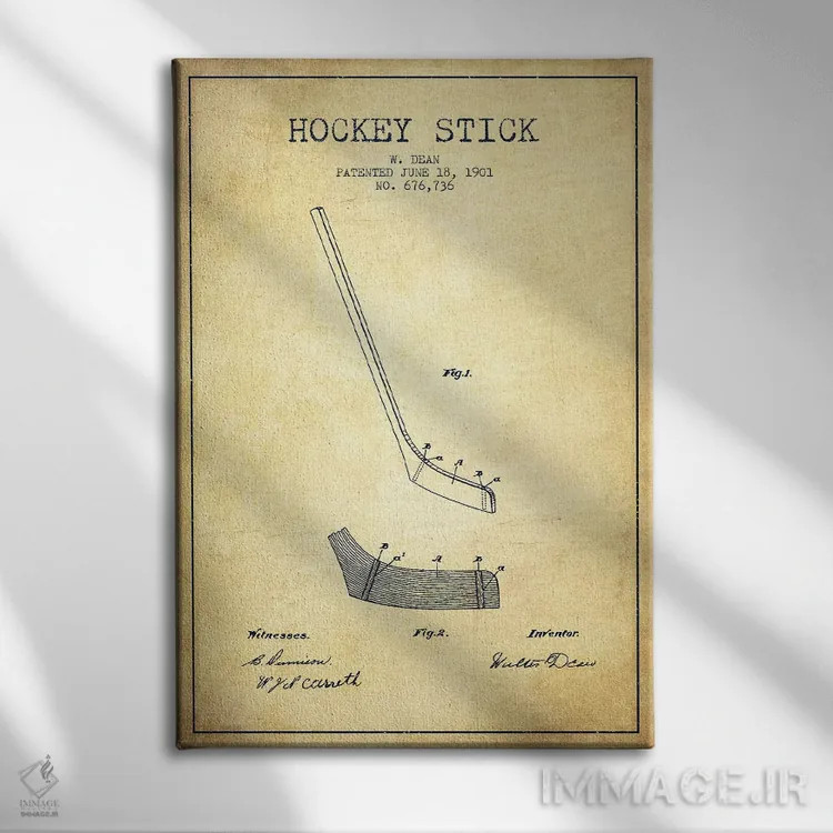 تابلو نقشهٔ ثبت اختراع چوب هاکی (طرح وینتیج) اثر پیکسل کهنه (استودیو/نام هنری) - نمای روبهرو روی دیوار