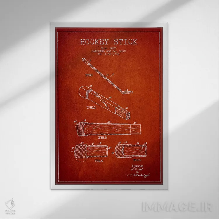 تابلو نقشهٔ ثبت اختراع چوب هاکی (طرح قرمز) اثر پیکسل کهنه (استودیو/نام هنری) - نمای قابدار سفید