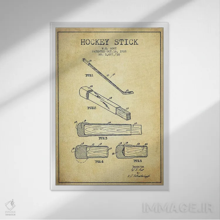 تابلو نقشهٔ ثبت اختراع چوب هاکی (طرح وینتیج) اثر پیکسل کهنه (استودیو/نام هنری) - نمای قابدار سفید